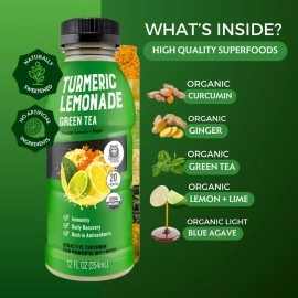 Golden Tiger Organic Turmeric Lemonade with Green Tea - Bio Active Curcumin + Green Tea + Ginger - 12 Bottles - Recover with Plant Based Power - 20 Calories