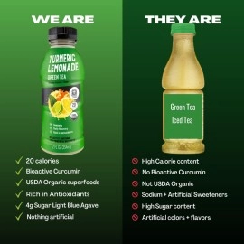 Golden Tiger Organic Turmeric Lemonade with Green Tea - Bio Active Curcumin + Green Tea + Ginger - 12 Bottles - Recover with Plant Based Power - 20 Calories