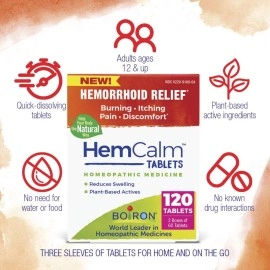 Boiron HemCalm Tablets for Hemorrhoid Relief of Pain, Itching, Swelling or Discomfort - 120 Count (Pack of 1)