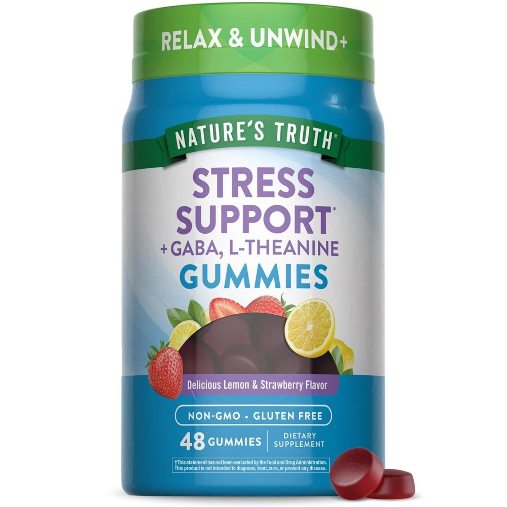 Nature\'s Truth Stress Relief Gummies for Adults | with Gaba, L Theanine, and Lemon Balm | Lemon Strawberry Flavor | Non-GMO & Gluten Free Supplement