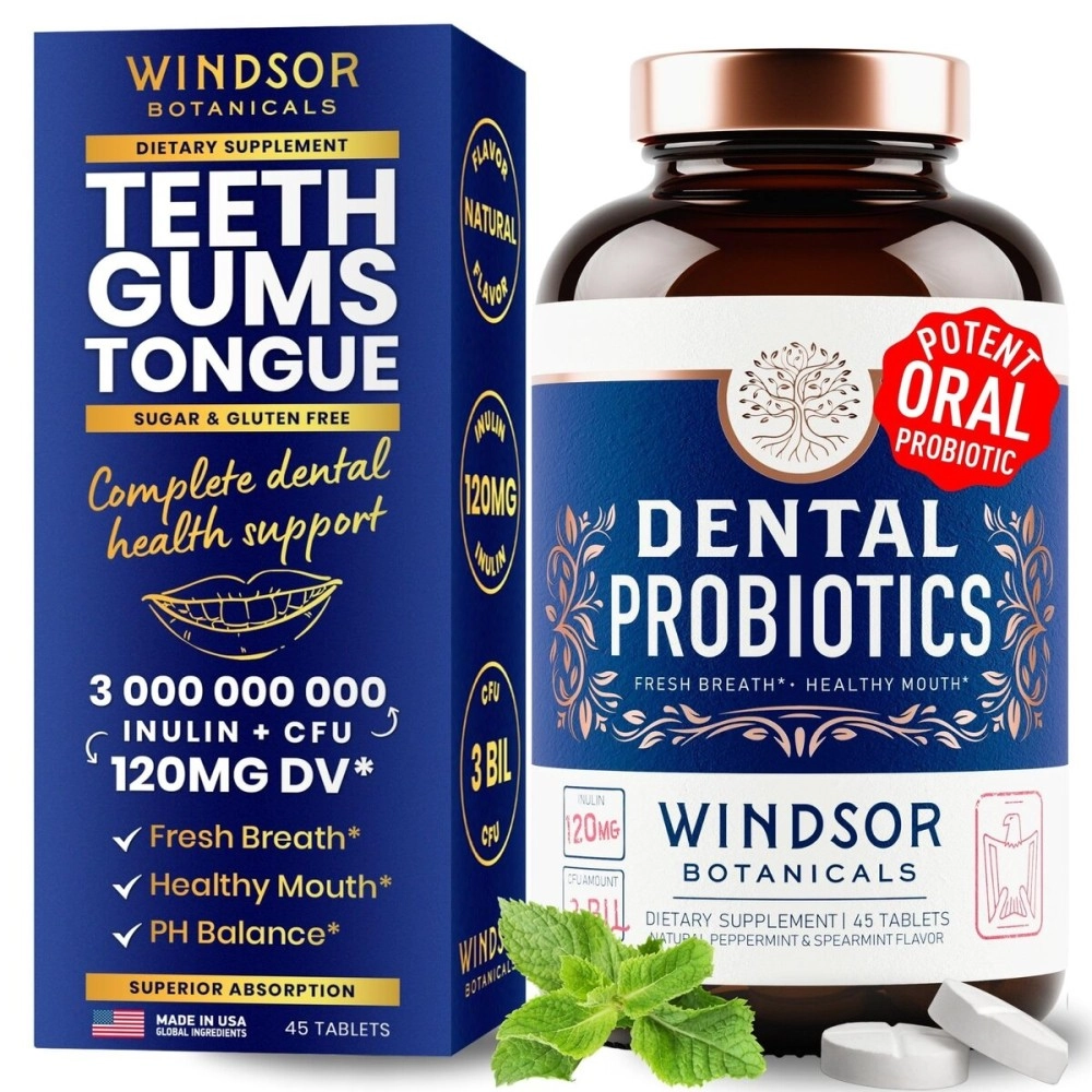 WINDSOR BOTANICALS Dental Probiotics Bad Breath Treatment - Chemical-Free, 3 Billion CFU - L Paracasei, Reuteri, Sakei, Salivarius for Balanced Oral Health - 45 Mint Tablets