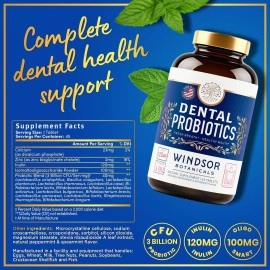 WINDSOR BOTANICALS Dental Probiotics Bad Breath Treatment - Chemical-Free, 3 Billion CFU - L Paracasei, Reuteri, Sakei, Salivarius for Balanced Oral Health - 45 Mint Tablets