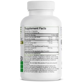 Bronson L-Lysine Defense Immune Support Complex 1500 MG L-Lysine Plus Olive Leaf, Garlic, Vitamin C and Zinc - Non-GMO, 250 Vegetarian Capsules