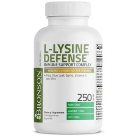 Bronson L-Lysine Defense Immune Support Complex 1500 MG L-Lysine Plus Olive Leaf, Garlic, Vitamin C and Zinc - Non-GMO, 250 Vegetarian Capsules