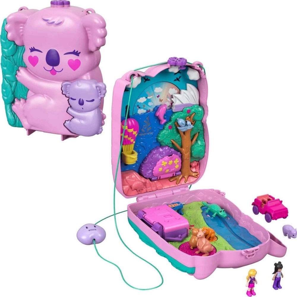 Polly Pocket Koala Adventures Wearable Purse Compact with Micro Polly Doll & Friend Doll, 5 Animals & Removable Vehicle Accessory, Gift for Ages 4 Years Old & Up, GXC95