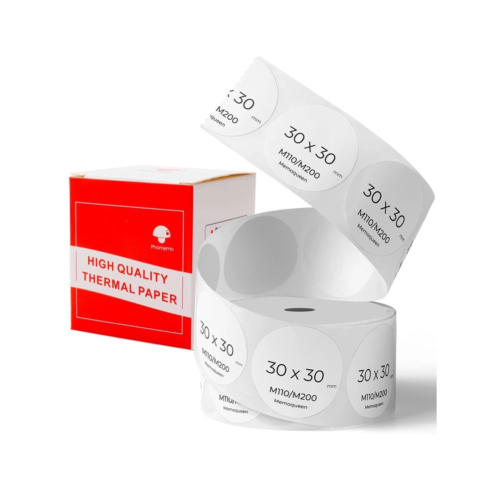 Memoqueen M110 Label Paper, Phomemo Thermal Sticker Labels for M110/M200 Label Maker, Adhesive Circle Label Paper, 1  X 1 (30x30mm) Printer Paper for Kitchen, Office, Study, 200labels/roll