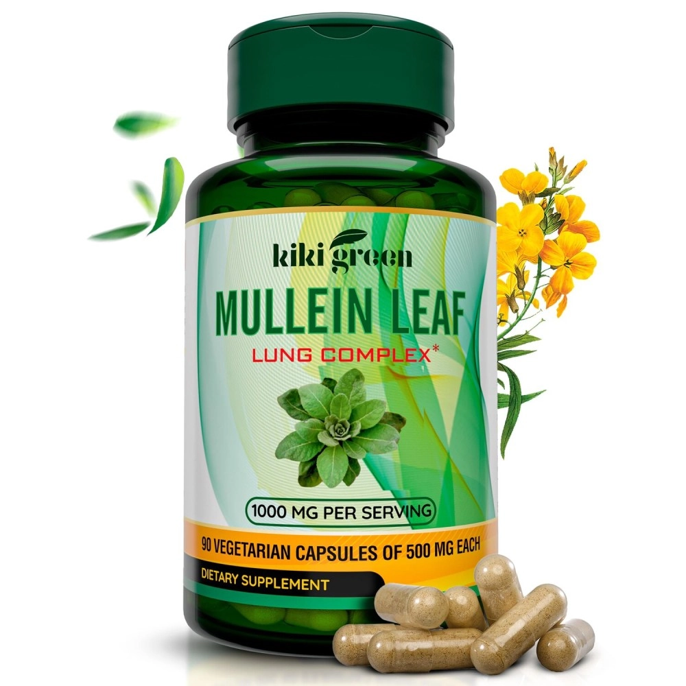 KIKI Green Mullein Leaf Herb Capsules -1000 mg Herbal Lung Cleanse, Respiratory and Lung Health, Lung Detox for Smokers, Mullein Tea Bags for Lungs | 90 Vegan Pills