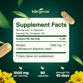 KIKI Green Mullein Leaf Herb Capsules -1000 mg Herbal Lung Cleanse, Respiratory and Lung Health, Lung Detox for Smokers, Mullein Tea Bags for Lungs | 90 Vegan Pills