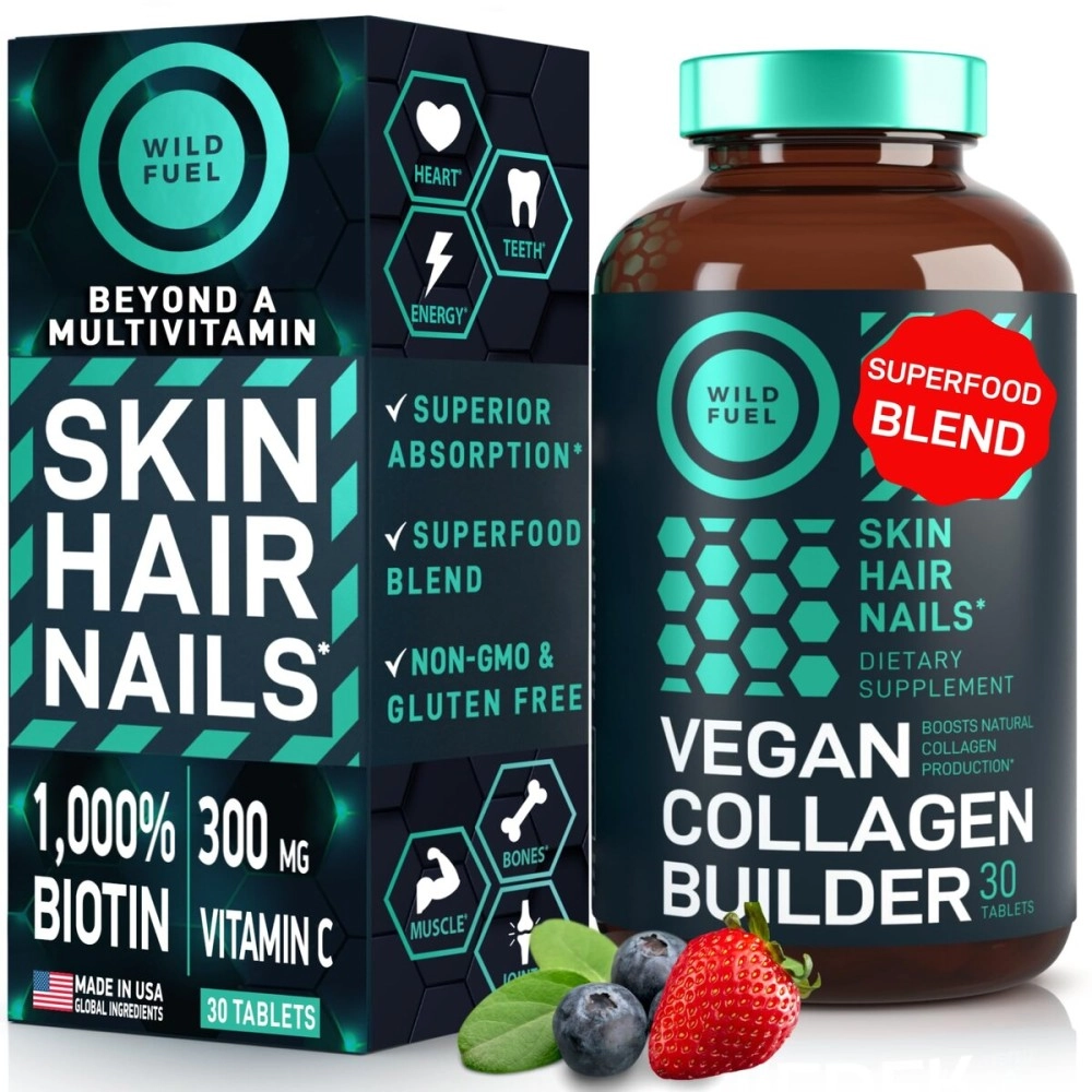 WILD FUEL Maximum Potency Vegan Collagen Builder - Cruelty-Free Kickstart Formula - Concentrated Support for Younger-Looking Skin, Strong Hair and Nails and Flexible Joints - Non-GMO - 30 Tablets