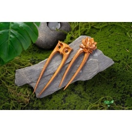 Handicraftviet Wood Hair Pin Hand-Carve Hair Forks for Women, Two Prong Hair sticks For Long Hair, 6.29in, Natural Color Wood, Unique Gift for Mother\'s Day - Set 2 Owl and flower hair fork