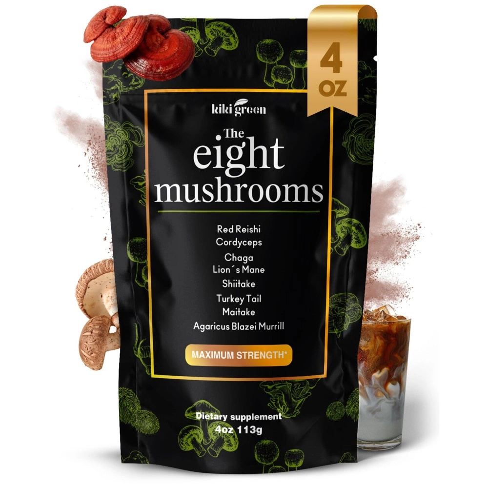 KIKI Green Mushroom Powder Extract - The 8 Mushrooms Supplement Blend for Coffee & Smoothie | Lion\'s Mane, Cordyceps, Chaga, Reishi, Shiitake, Turkey Tail, Maitake Complex