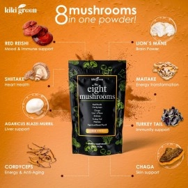 KIKI Green Mushroom Powder Extract - The 8 Mushrooms Supplement Blend for Coffee & Smoothie | Lion\'s Mane, Cordyceps, Chaga, Reishi, Shiitake, Turkey Tail, Maitake Complex