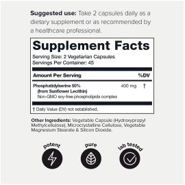 Toniiq Phosphatidylserine - 400mg Formula - Worlds First 50% Purity - Highest Purity in The US - Soy Free Phosphatidylserine Supplement - 90 Veggie Capsules