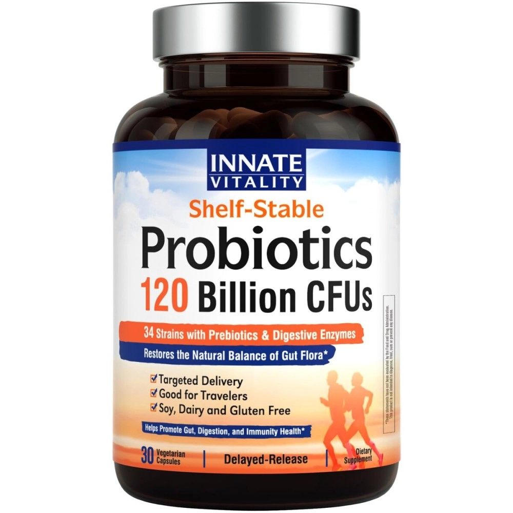 Innate Vitality 3-in-1 Probiotics 120 Billion CFUs 34 Strains with Organic Prebiotics & Digestive Enzymes - 30 Vegan Caps