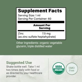 USDA Organic Liquid Zinc Sulfate Supplement Drops - Antioxidant Properties Support Skin Health, Immune System Function and Normal Cell Growth in Adult Men & Women - Plant-Based, Vegan, Non-GMO - 2 Oz