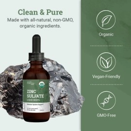 USDA Organic Liquid Zinc Sulfate Supplement Drops - Antioxidant Properties Support Skin Health, Immune System Function and Normal Cell Growth in Adult Men & Women - Plant-Based, Vegan, Non-GMO - 2 Oz