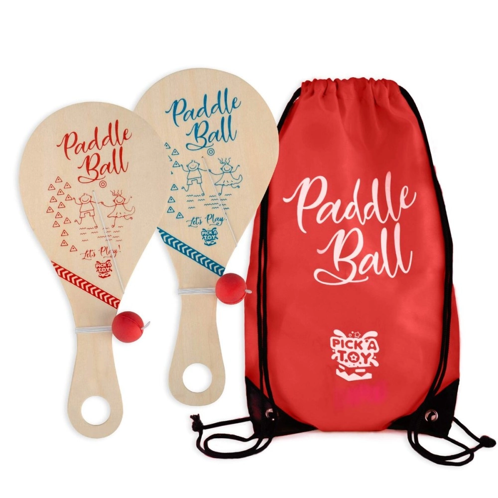 PICK A TOY Wooden Paddle Ball (Set of 2) with Red Carry Bag Indoor Outdoor Fun and Classic Paddleball Game for Boys and Girls, Party Favor Toys Ages 4+
