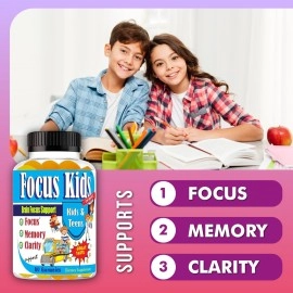 Focus Kids-Focus Gummies For Kids and Teens Focus Gummy Kids Memory & Concentration Brain Gummies For Focus Kid Focus Supplement DHA Omega 3 6 9 School Study Task Brain Booster Formula