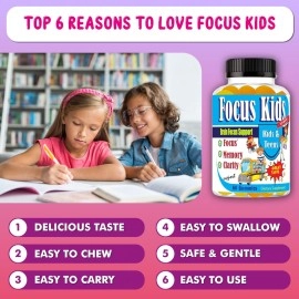 Focus Kids-Focus Gummies For Kids and Teens Focus Gummy Kids Memory & Concentration Brain Gummies For Focus Kid Focus Supplement DHA Omega 3 6 9 School Study Task Brain Booster Formula