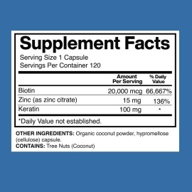 American Standard Supplements Adult\'s Biotin Organic Coconut & Zinc Hair Growth Capsules (20000mcg,120 Pieces)