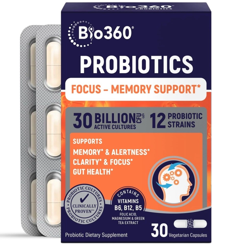 Bio360 Probiotics, Cognitive Support Formula, Brain Health & Mental Energy with 8 Strains 15 Billion CFU, Vitamin Boost for Women & Men, Stable Blister Pack, 30 Vegan Supplements