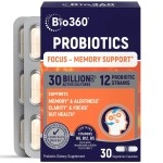 Bio360 Probiotics, Cognitive Support Formula, Brain Health & Mental Energy with 8 Strains 15 Billion CFU, Vitamin Boost for Women & Men, Stable Blister Pack, 30 Vegan Supplements