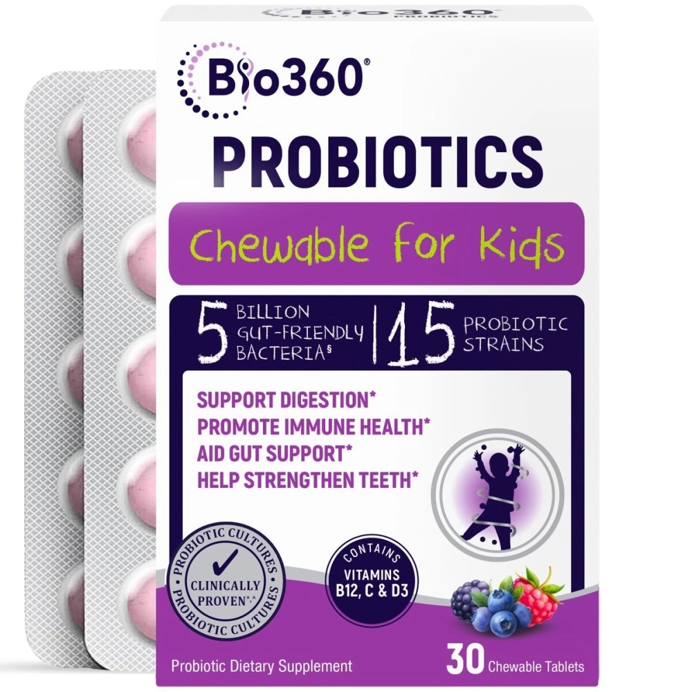 Bio360 Kids Probiotic Supplement, Daily Support for Kid\'s Gut, Immune, Brain & Whole Body Health, 15 Strains 5 Billion CFU, Organic Prebiotic Apple Fiber, 30 Chewable Mixed Berry Flavor