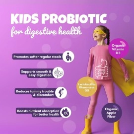 Bio360 Kids Probiotic Supplement, Daily Support for Kid\'s Gut, Immune, Brain & Whole Body Health, 15 Strains 5 Billion CFU, Organic Prebiotic Apple Fiber, 30 Chewable Mixed Berry Flavor