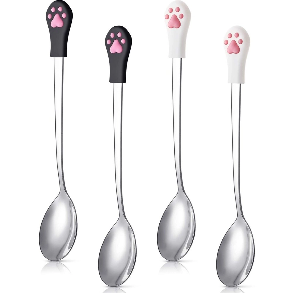 Patelai 4 Pieces Dog Cat Spoon Pet Can Spoon Stainless Steel Pet Food Spoon Cat Claw Spoon for Dog and Cat Food Can, White and Black