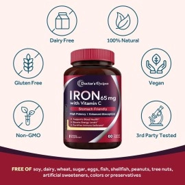 Doctor\'s Recipes Iron 65 mg Carbonyl Iron with Vitamin C, Maximized Absorption Easy on The Stomach, Red Cells Formation, Blood, Heart, Brain, Muscle & Immunity Health, Vegan Non-GMO 60 Tablets