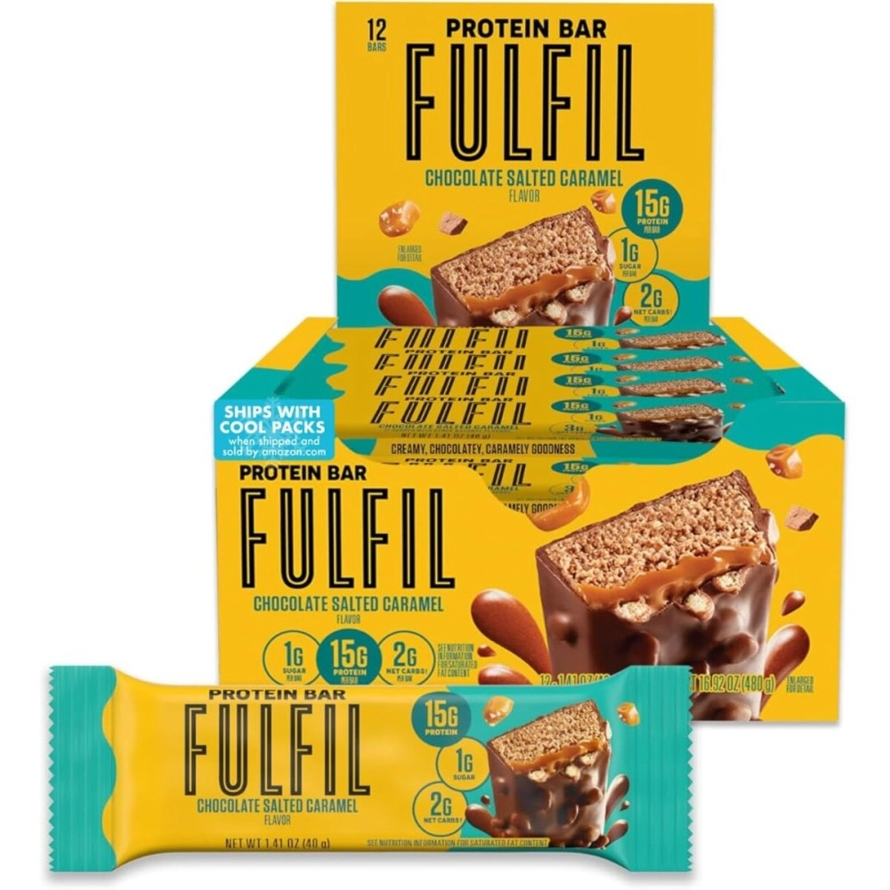 FULFIL Vitamin and Protein Bars, Chocolate Salted Caramel, Snack Sized Bar with 15g Protein and 8 Vitamins Including Vitamin C, 12 Counts