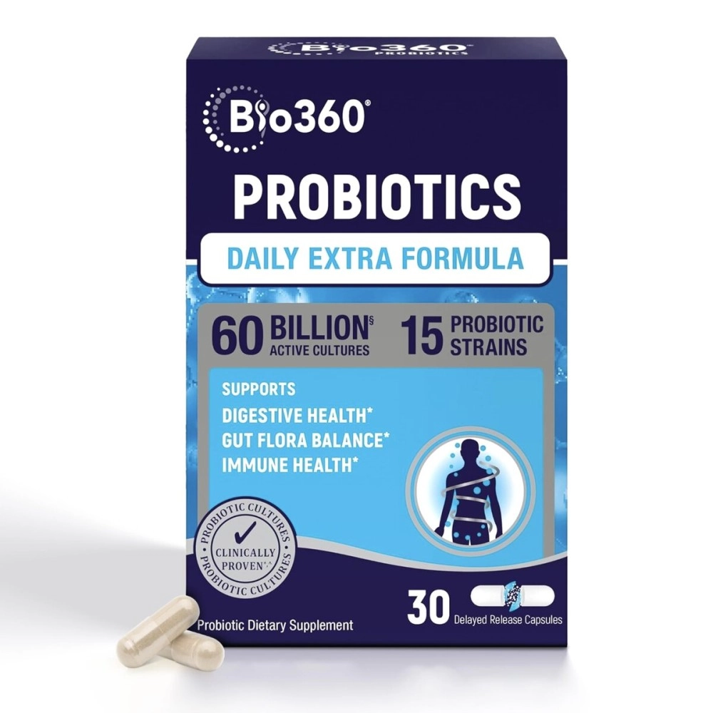 Bio360 Probiotic Daily Extra Formula | Vegan Prebiotics and Probiotics for Women & Men | 60 Billion CFU 15 Strain | Stable Blister Pack | 30 Supplements