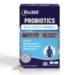 Bio360 Probiotic Daily Extra Formula | Vegan Prebiotics and Probiotics for Women & Men | 60 Billion CFU 15 Strain | Stable Blister Pack | 30 Supplements