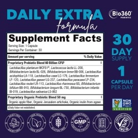 Bio360 Probiotic Daily Extra Formula | Vegan Prebiotics and Probiotics for Women & Men | 60 Billion CFU 15 Strain | Stable Blister Pack | 30 Supplements