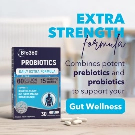 Bio360 Probiotic Daily Extra Formula | Vegan Prebiotics and Probiotics for Women & Men | 60 Billion CFU 15 Strain | Stable Blister Pack | 30 Supplements