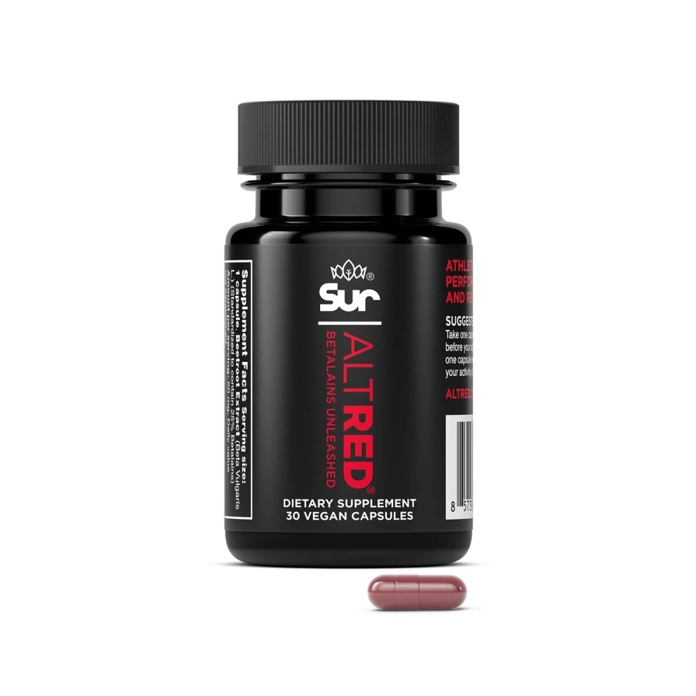 Sur AltRed Beet Root Capsules for Muscle Recovery and Sports Nutrition - 25% Betalain Extract Pre Workout & Nitric Oxide Supplement for Endurance Athletes - NSF Certified for Sport
