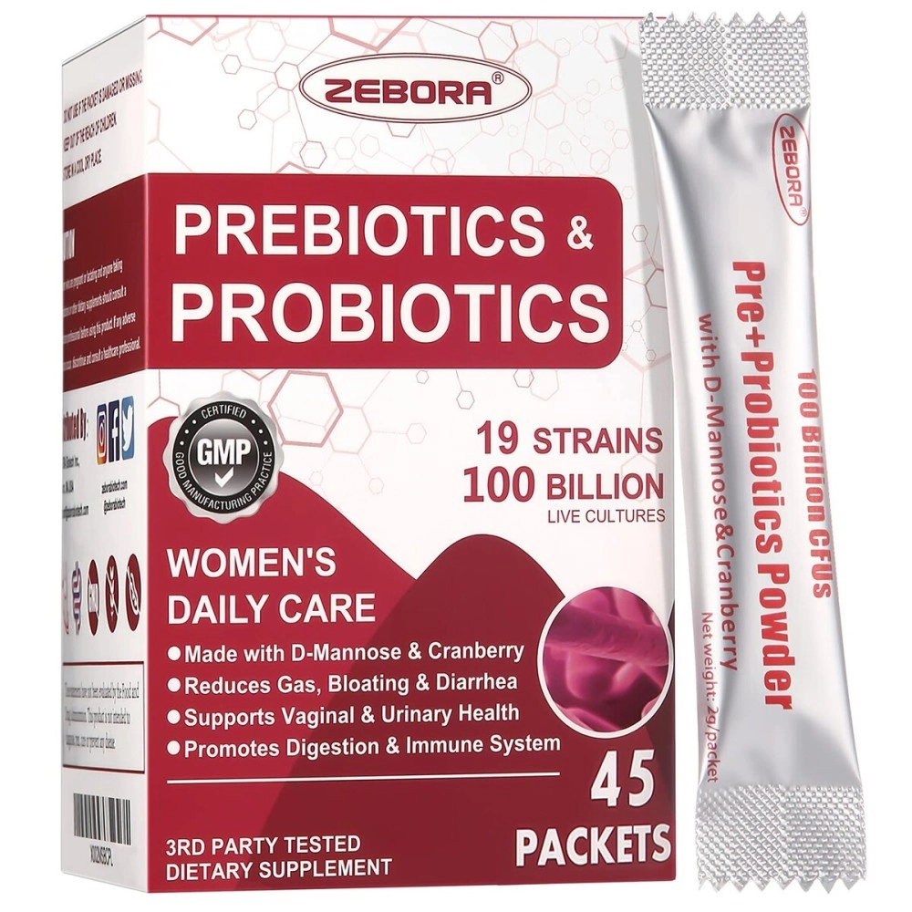 ZEBORA Probiotics-for-Women 100-Billion-CFUs with Prebiotics, D-Mannose & Cranberry for Digestive, Immune, Feminine UT Health Support, Ultimate Probiotic Women\'s Care, Soy & Gluten Free, 45 Packets