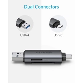 Anker USB-C and USB 3.0 SD Card Reader, PowerExpand+ 2-in-1 Memory Card Reader with Dual Connectors, for SDXC, SDHC, SD, MMC, RS-MMC, Micro SDXC, Micro SD, Micro SDHC Card, and UHS-I Cards