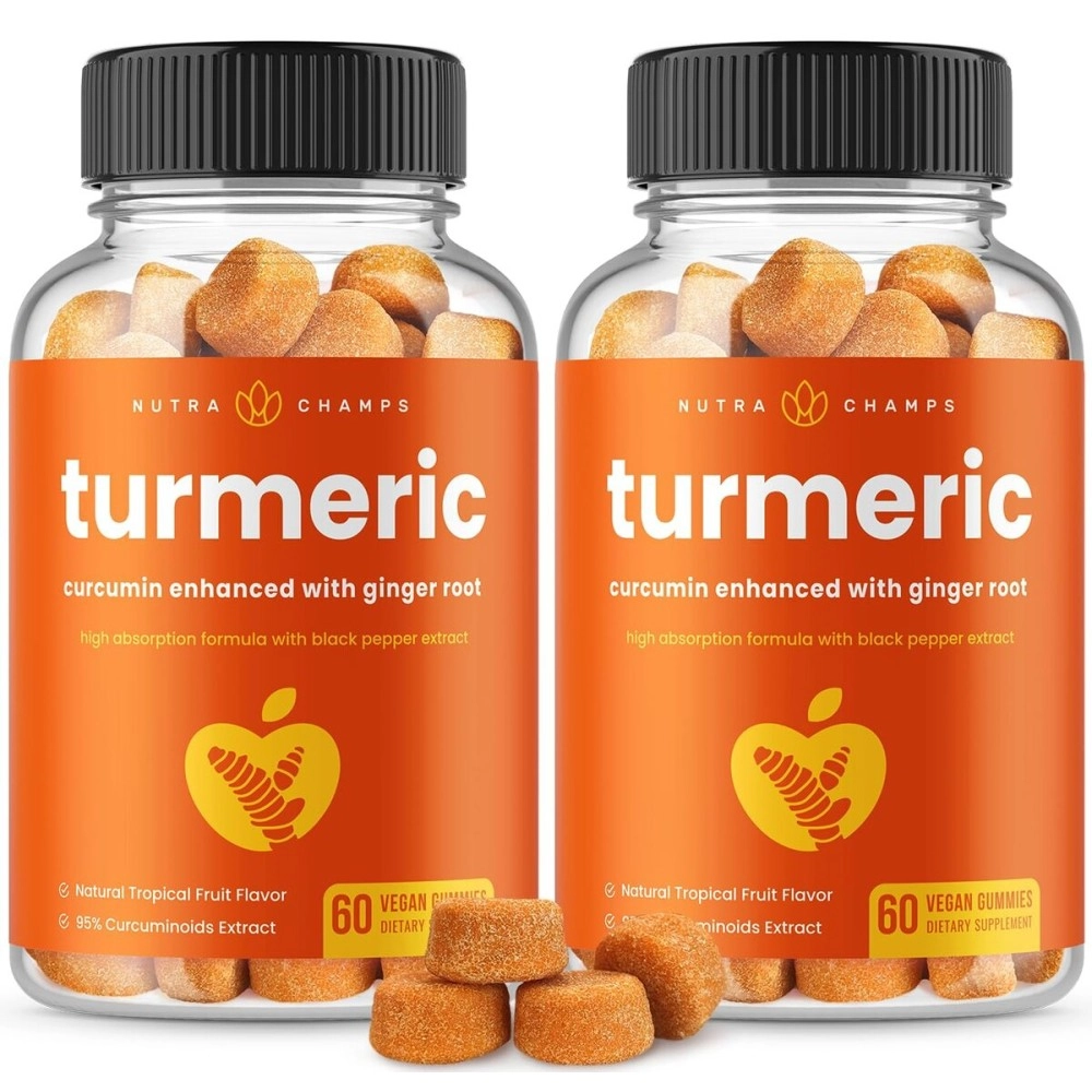 NutraChamps Turmeric Gummies for Adults & Kids with Ginger & Black Pepper Extract | 95% Curcuminoids | Vegan Natural Curcumin Joint Support | 120 Tumeric Gummy Supplements (2-Pack)