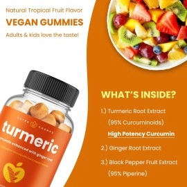 NutraChamps Turmeric Gummies for Adults & Kids with Ginger & Black Pepper Extract | 95% Curcuminoids | Vegan Natural Curcumin Joint Support | 120 Tumeric Gummy Supplements (2-Pack)