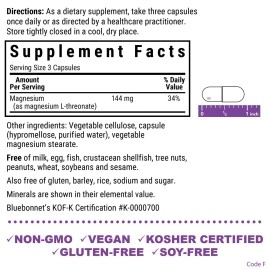 Bluebonnet Nutrition Magnesium L-Threonate, for Cognitive Function and Mood, Soy-Free, Gluten-Free, Non-GMO, Dairy-Free, Kosher, Vegan, 90 Vegetable Capsules, 30 Servings