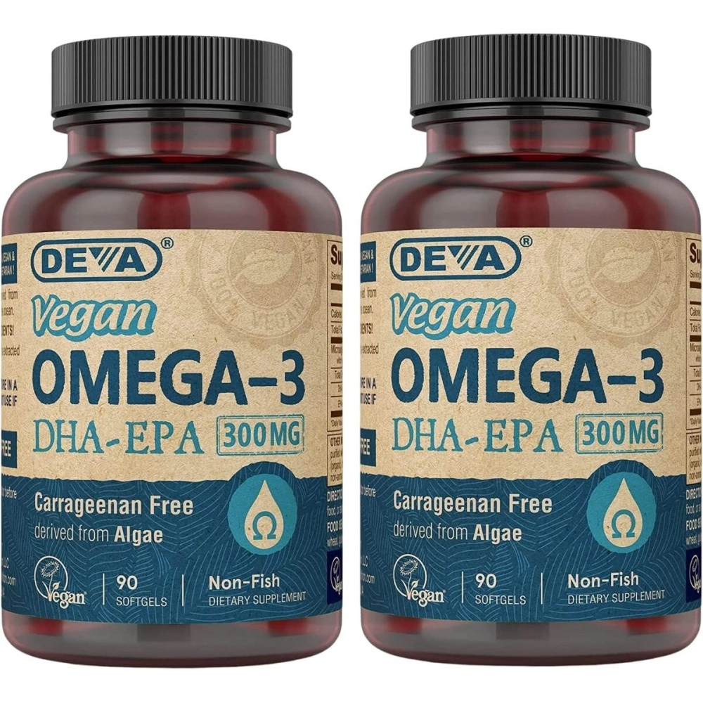 DEVA Vegan DHA-EPA Nutritional Supplement, Non-Fish Derived from Algae, 300 mg Potency, 90 Vegetarian Softgels - Pack of 2