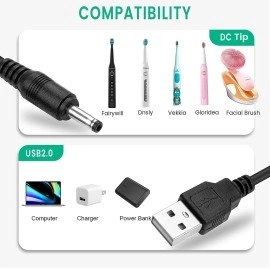 SMAYS Charger Cable Replacement for Fairywill, Dnsly, Vekkia, Gloridea Electric Toothbrush, USB DC Charging Cord 5ft Black (2-Pack)