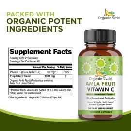 Organic Veda Amla Capsules Natural Vitamin C Supplements - Organic Whole Food Vitamin C Amla Powder for Immunity, Skin Radiance, Antioxidants Wellness - Non GMO, Raw Vegan Vitamin C Capsules 120