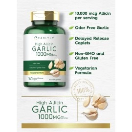 Carlyle High Allicin Garlic Supplement | 180 Caplets | Odorless Garlic Pills | Vegetarian, Non-GMO, Gluten Free |