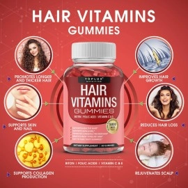 Hair Vitamin Gummies Supplement for Women & Men - Hair Growth Vitamins 5000mcg Biotin Gummies, Folic Acid, Vitamin C & E, Support Stronger & Thicker Hair, Skin, Nails, Non-GMO Vegam for, 60 Count