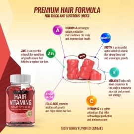 Hair Vitamin Gummies Supplement for Women & Men - Hair Growth Vitamins 5000mcg Biotin Gummies, Folic Acid, Vitamin C & E, Support Stronger & Thicker Hair, Skin, Nails, Non-GMO Vegam for, 60 Count