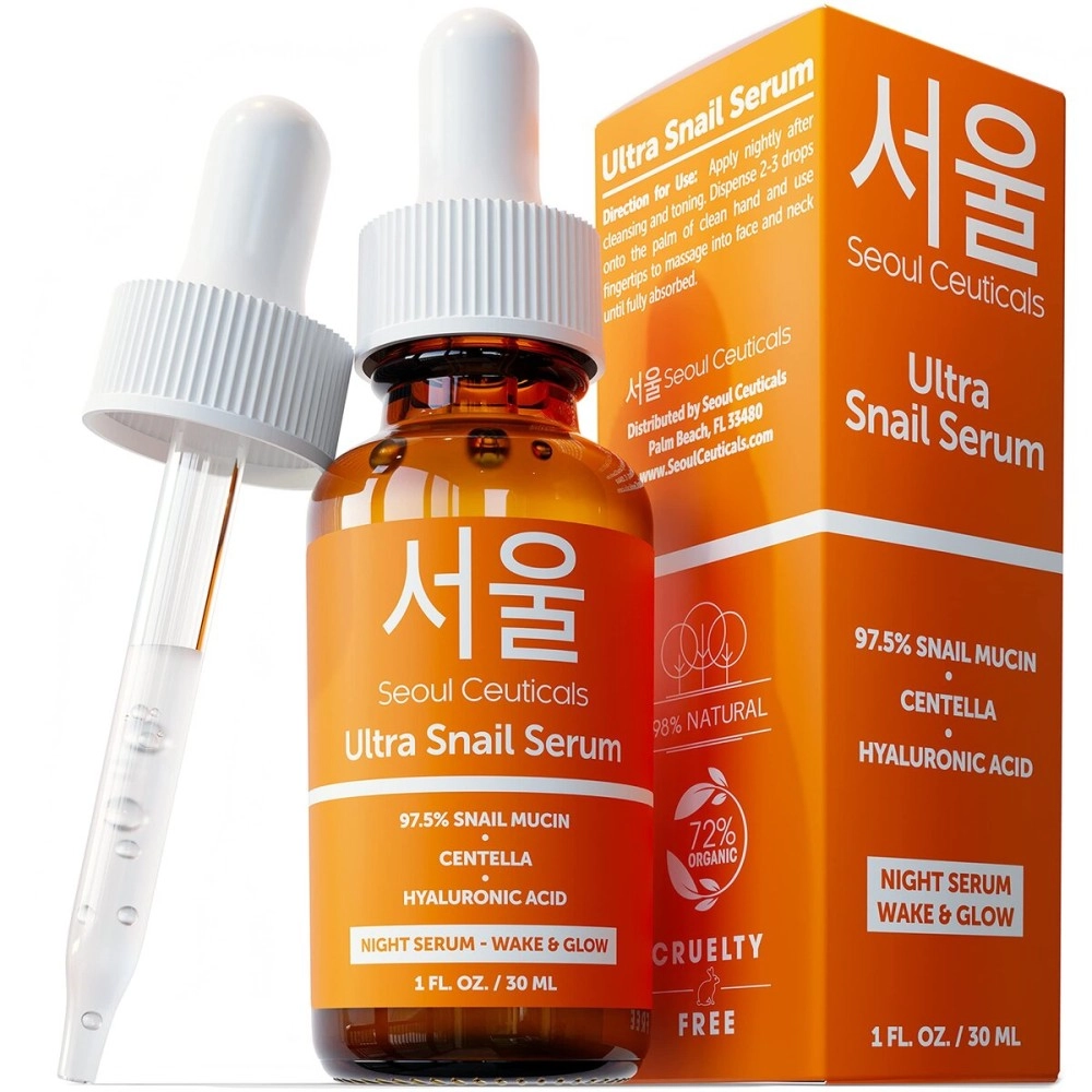 SeoulCeuticals Korean Skin Care 97.5% Snail Mucin Serum - K Beauty Skincare Night Serum Hyaluronic Acid for Face - Centella Anti Wrinkle Serum 1oz