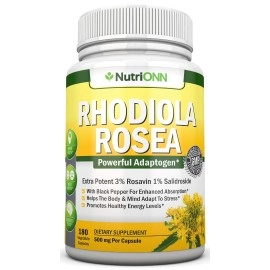 NutriONN Rhodiola Rosea - 500mg - 180 Vegan Capsules - 3% Rosavin 1% Salidroside Extract - Non-GMO - with Black Pepper for Enhanced Absorption - 6 Month Supply - Supplement for Energy & Stamina