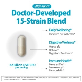 Life-Space 2 Month Serving Premium Broad Spectrum Probiotics, 32 Billion CFU & 15 Diverse Strains, Formulated for Daily Digestive Health & Immune Health, Probiotics for Women & Men, 60 Veg Capsules